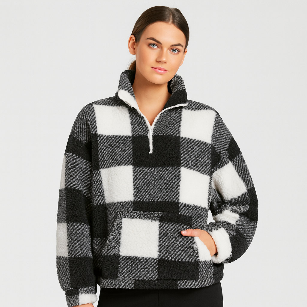 Dames Geruite Fleece Trui – Zacht, Warm & Comfortabel Ontwerp