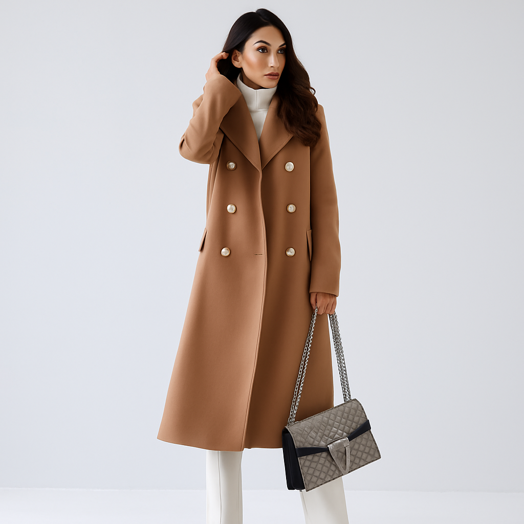 Dames Lange Jas met Dubbele Knoopsluiting – Elegant & Tijdloos