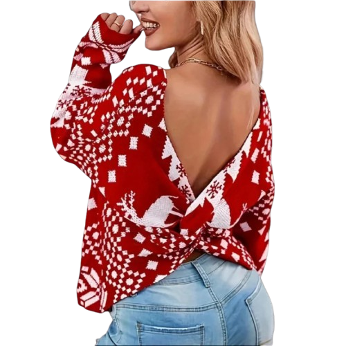 Dames Kersttop – Wintershirt met Open Rug & Feestelijke Print