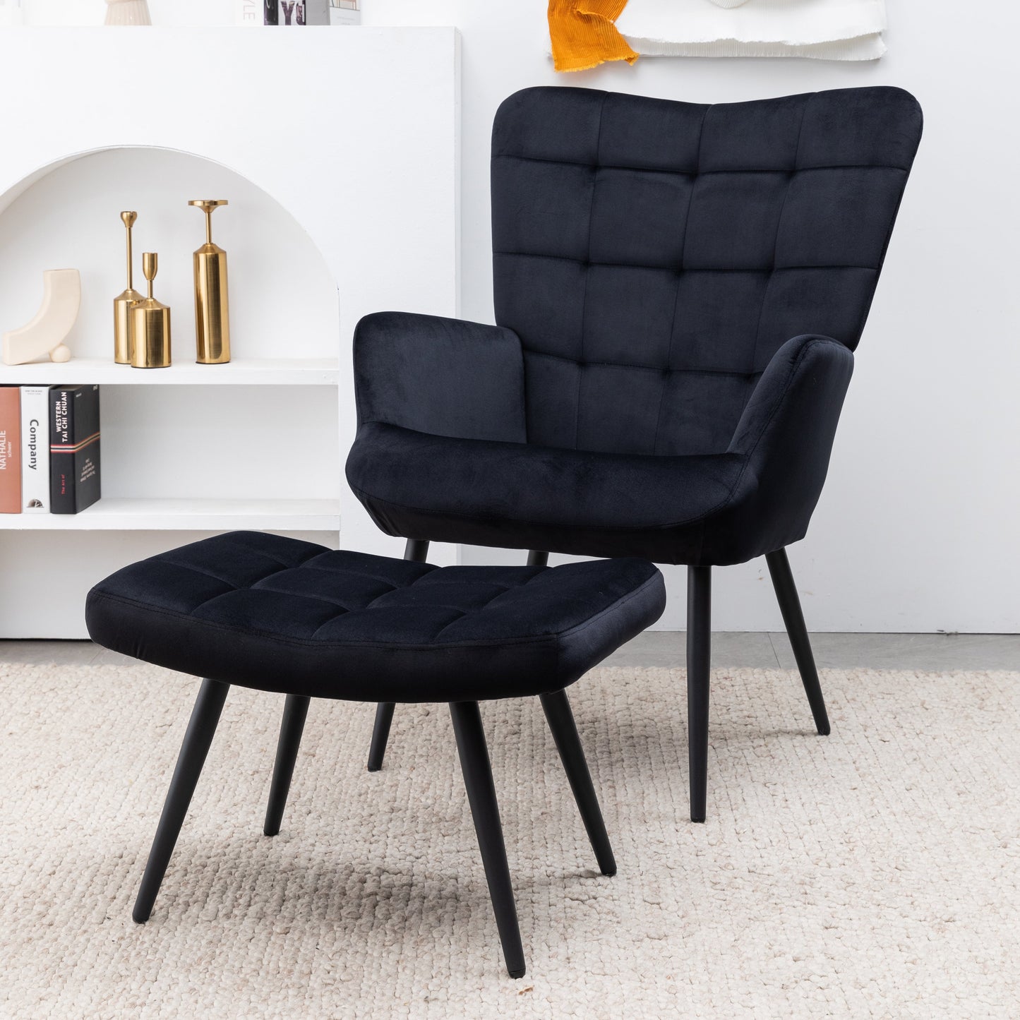 Alfred Fauteuil met voetenbank - Zwart Velours