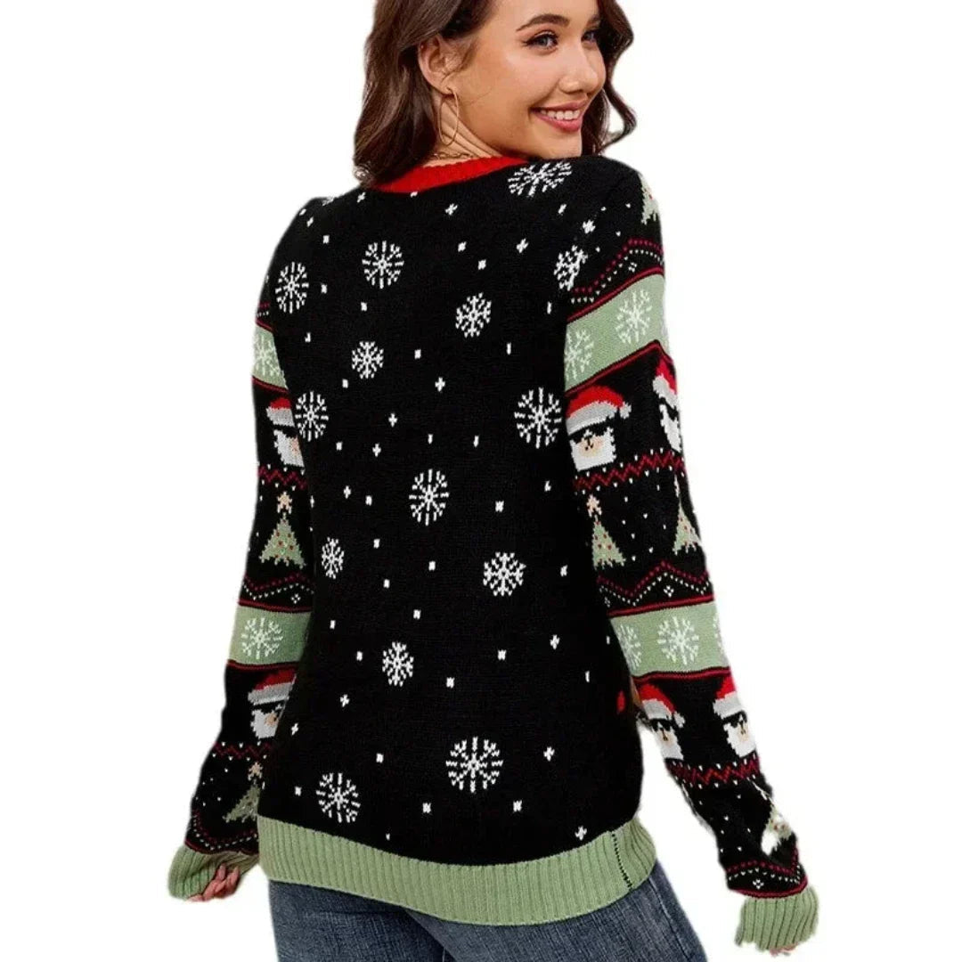 Dames Kerstsweater – Wintertrui met Hond & Kerstboom Print