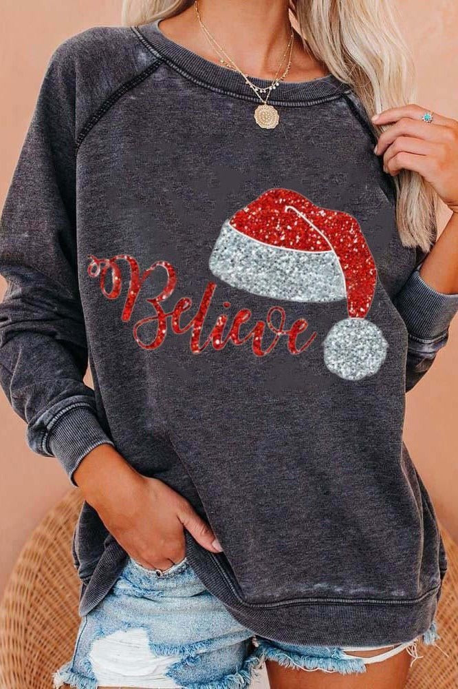 Dames Kersttrui – Casual Sweater met ‘Believe’ Kerstprint