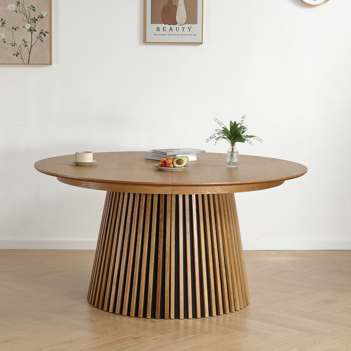 Lewis - Rond eettafel met lamellen in eikenfineer met uittrekfunctie 150/190/230 CM - inclusief 2 verlengbladen