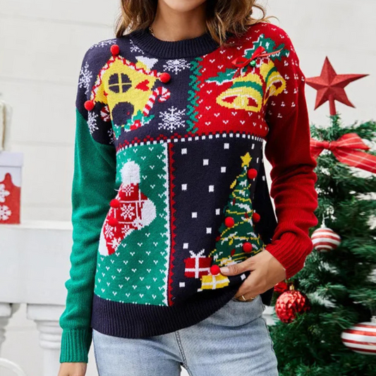 Dames Kerstsweater – Kleurrijke Patchwork Wintertrui met Kerstprint