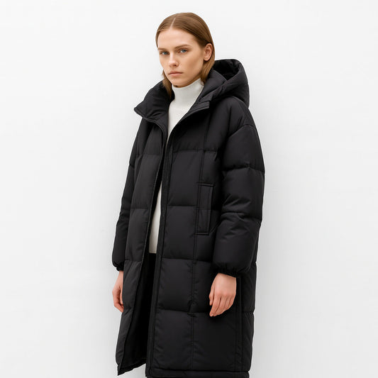 Dames Lange Gewatteerde Jas – Warme Winterjas met Capuchon