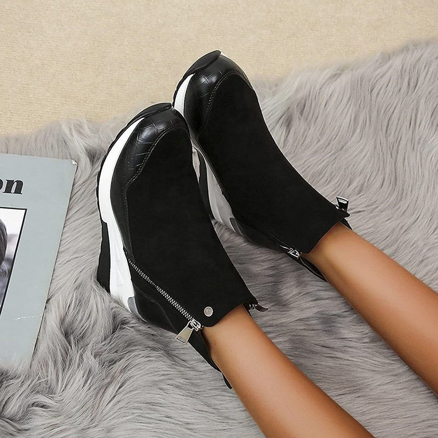 Dames Winter Sneakerboots – Warme Enkellaarzen met Sleehak en Rits