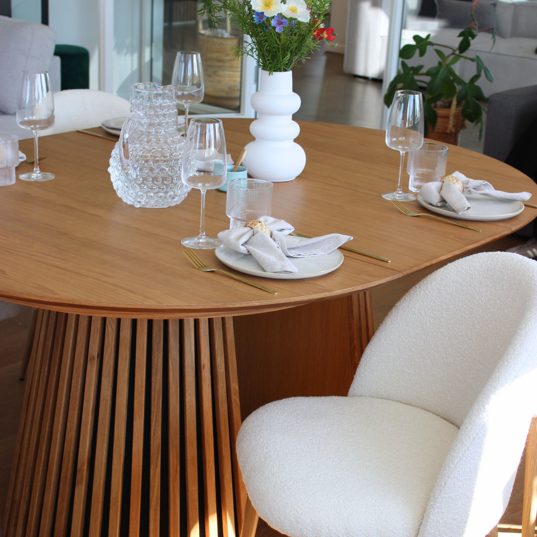 Lewis - Rond eettafel met lamellen in eikenfineer met uittrekfunctie 150/190/230 CM - inclusief 2 verlengbladen