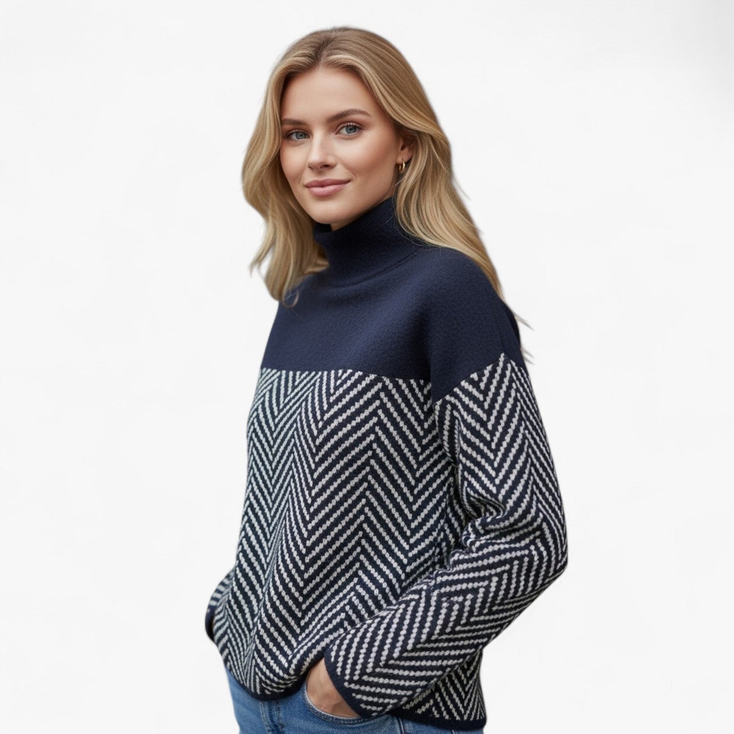 Damestrui met Hoge Hals – Moderne Gebreide Trui met Patroon