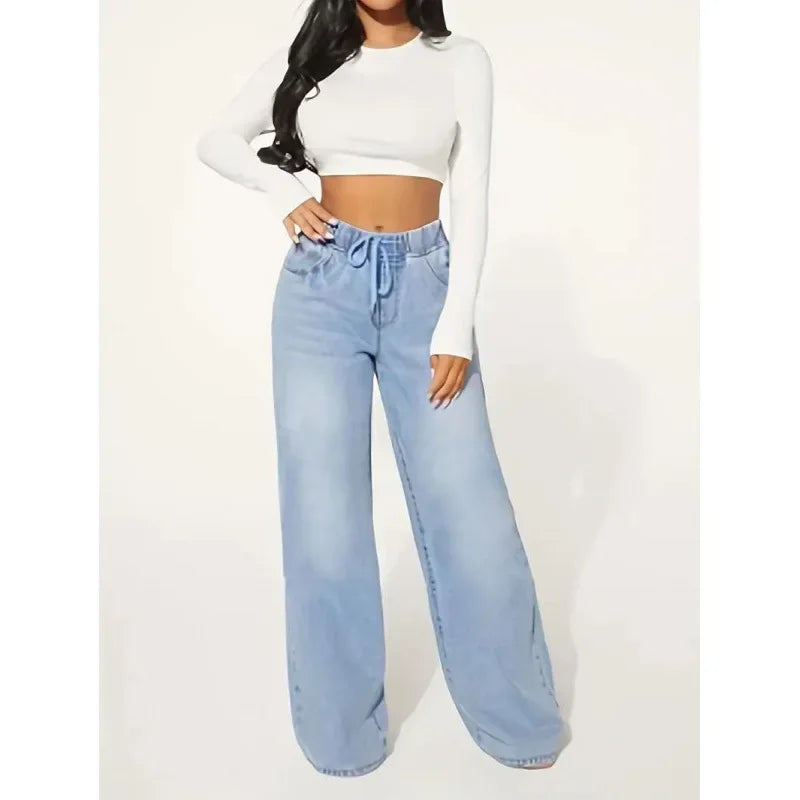Dames Wide-Leg Jeans – Trendy Rechte Spijkerbroek met Hoge Taille