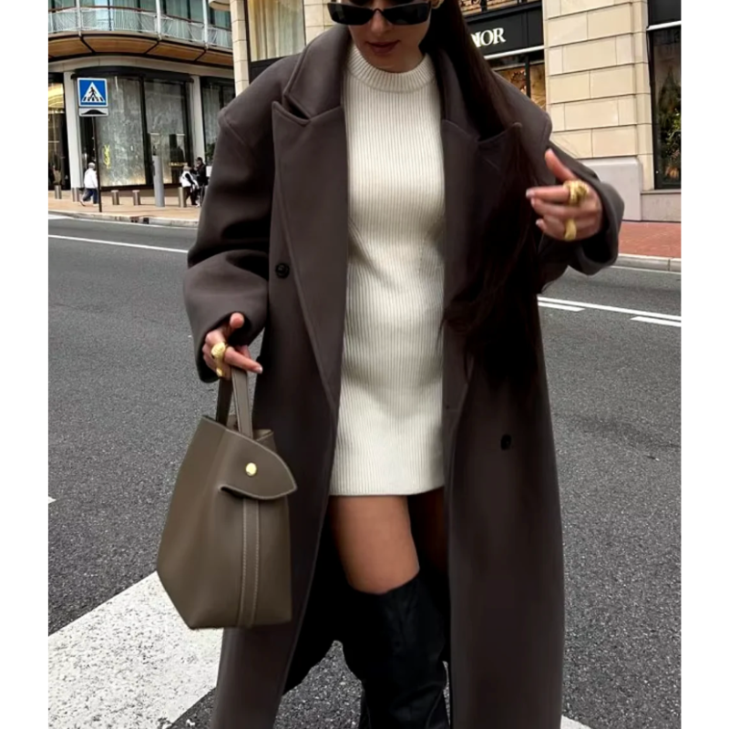 Dames Lange Elegante Mantel – Stijlvolle Overjas met Klassieke Snit