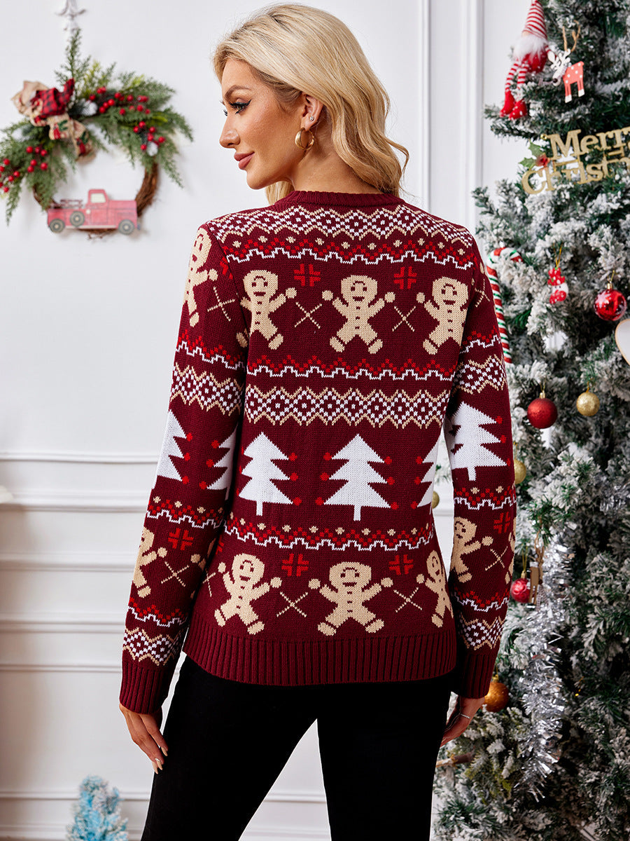 Dames Kersttrui – Wintertrui met Gingerbread & Kerstboom Print