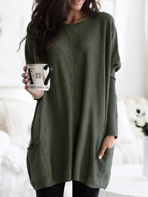 Oversized tuniek trui dames met zakken en ronde hals