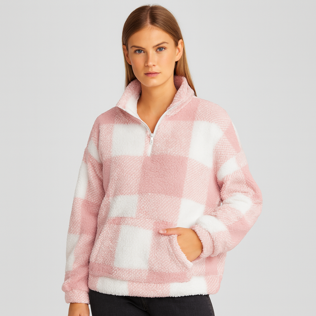 Dames Geruite Fleece Trui – Zacht, Warm & Comfortabel Ontwerp