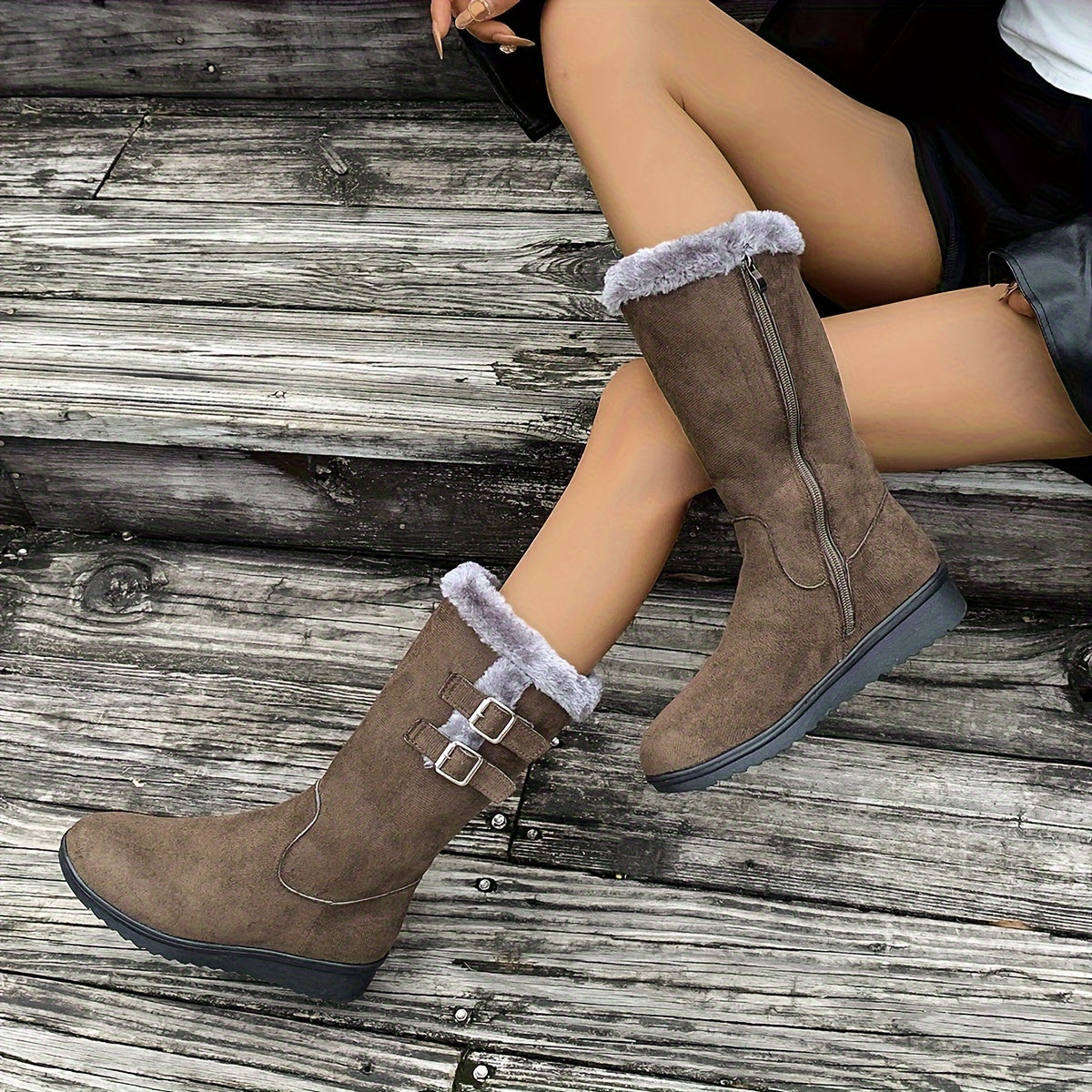 Dames Winterlaarzen met Bontvoering – Warme Laarzen met Gespen