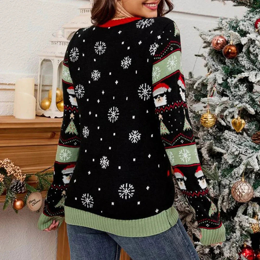 Dames Kerstsweater – Vrolijke Wintertrui met Hond & Kerstboom Print