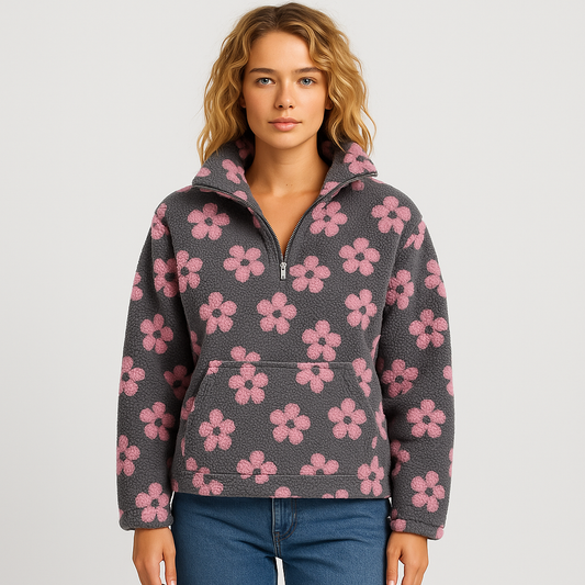 Dames Bloemen Trui met Halve Rits – Zacht, Warm & Trendy