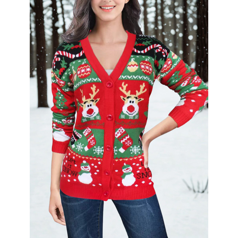 Dames Kerst Cardigan – V-Hals Vest met Feestelijke Winterprint