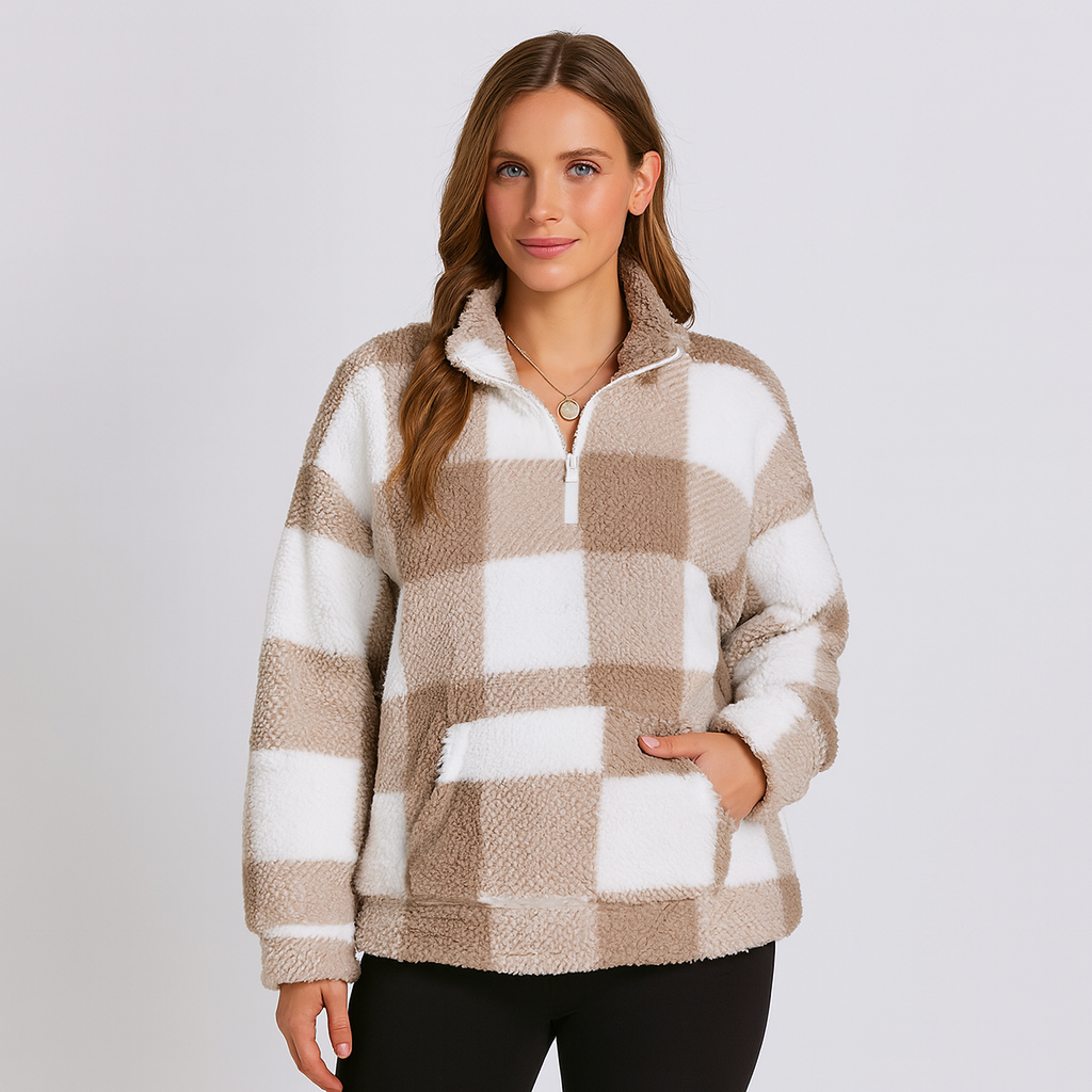 Dames Geruite Fleece Trui – Zacht, Warm & Comfortabel Ontwerp