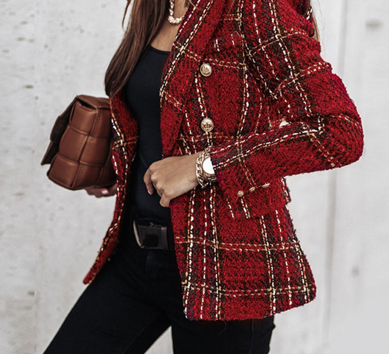 Dames Geruite Blazer met Dubbele Rij Knopen – Klassiek en Elegant