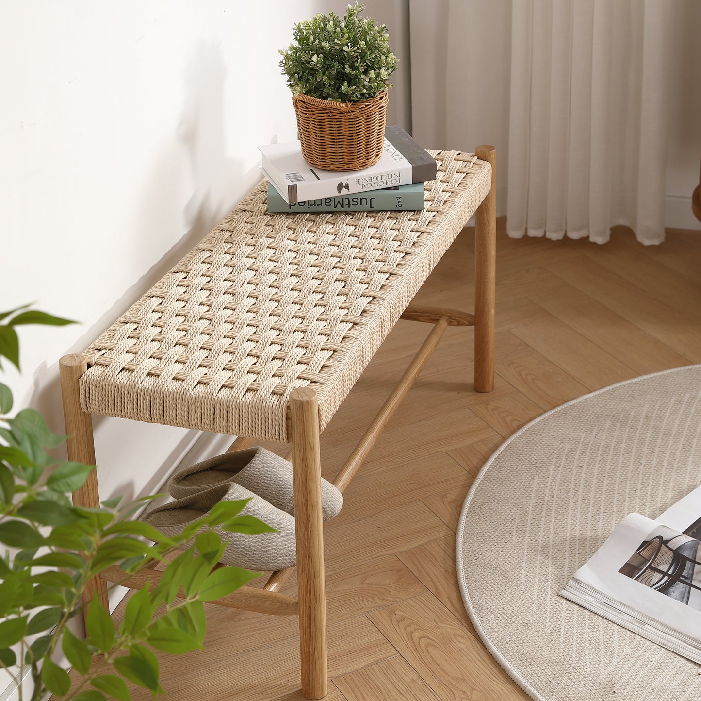 Elias bank in eikenhout met gevlochten zitting 90x35x45