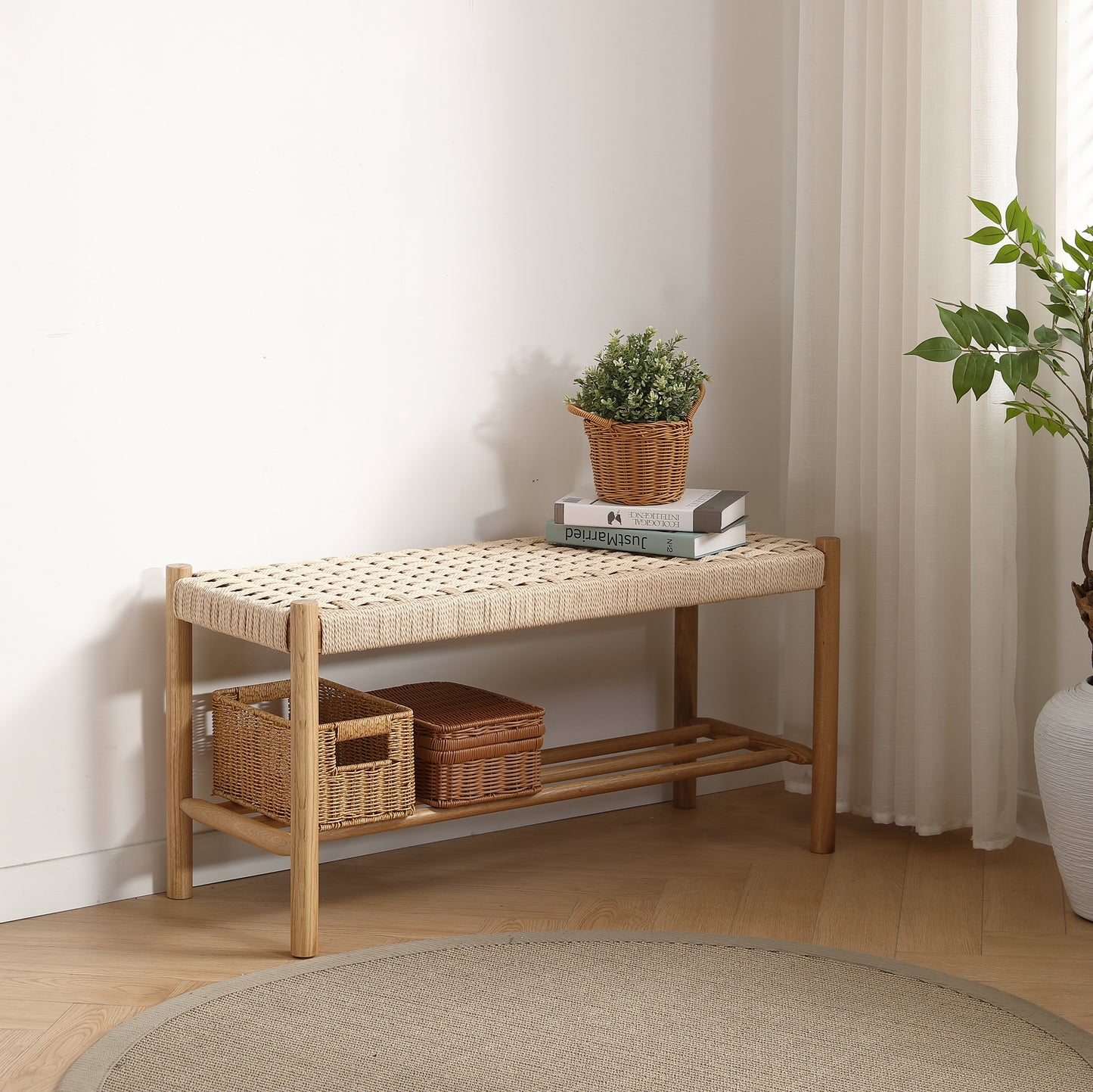 Elias bank in eikenhout met gevlochten zitting 90x35x45
