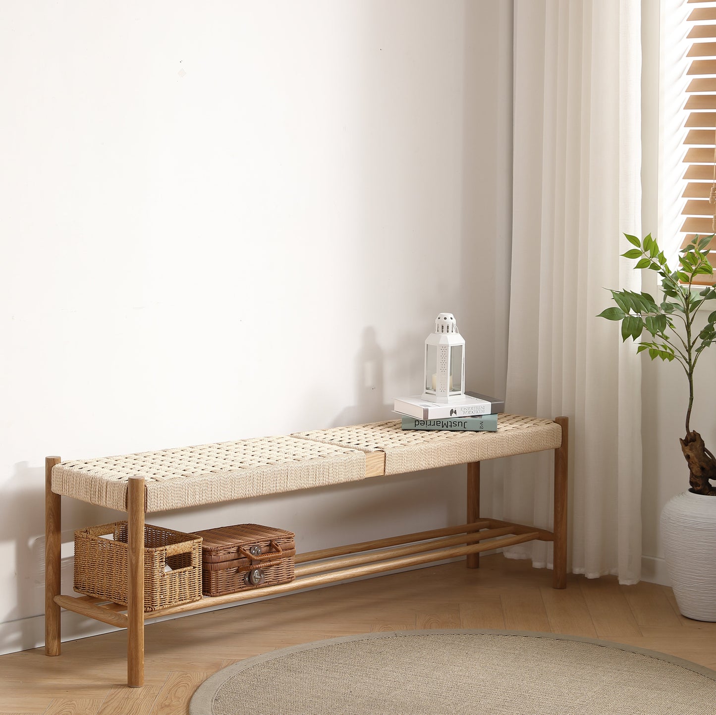 Elias bank in eikenhout met gevlochten zitting 140x35x45