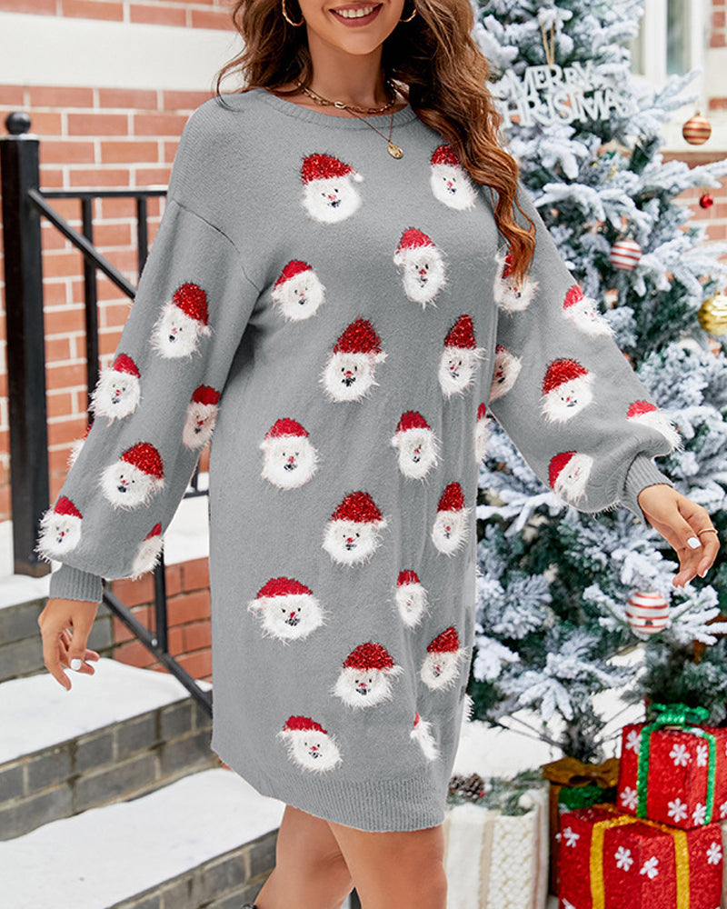 Dames Kerst Sweater Dress – Lange Winterjurk met Santa Print