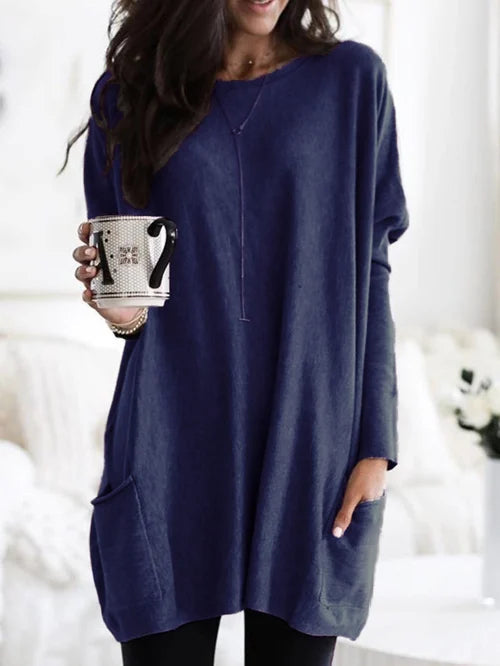 Oversized tuniek trui dames met zakken en ronde hals