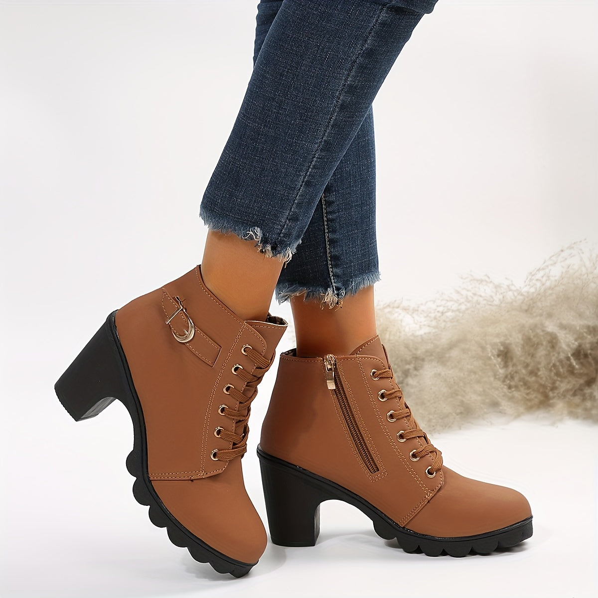 Dames Veterlaarzen – Trendy Enkelboots met Hak en Antislipzool