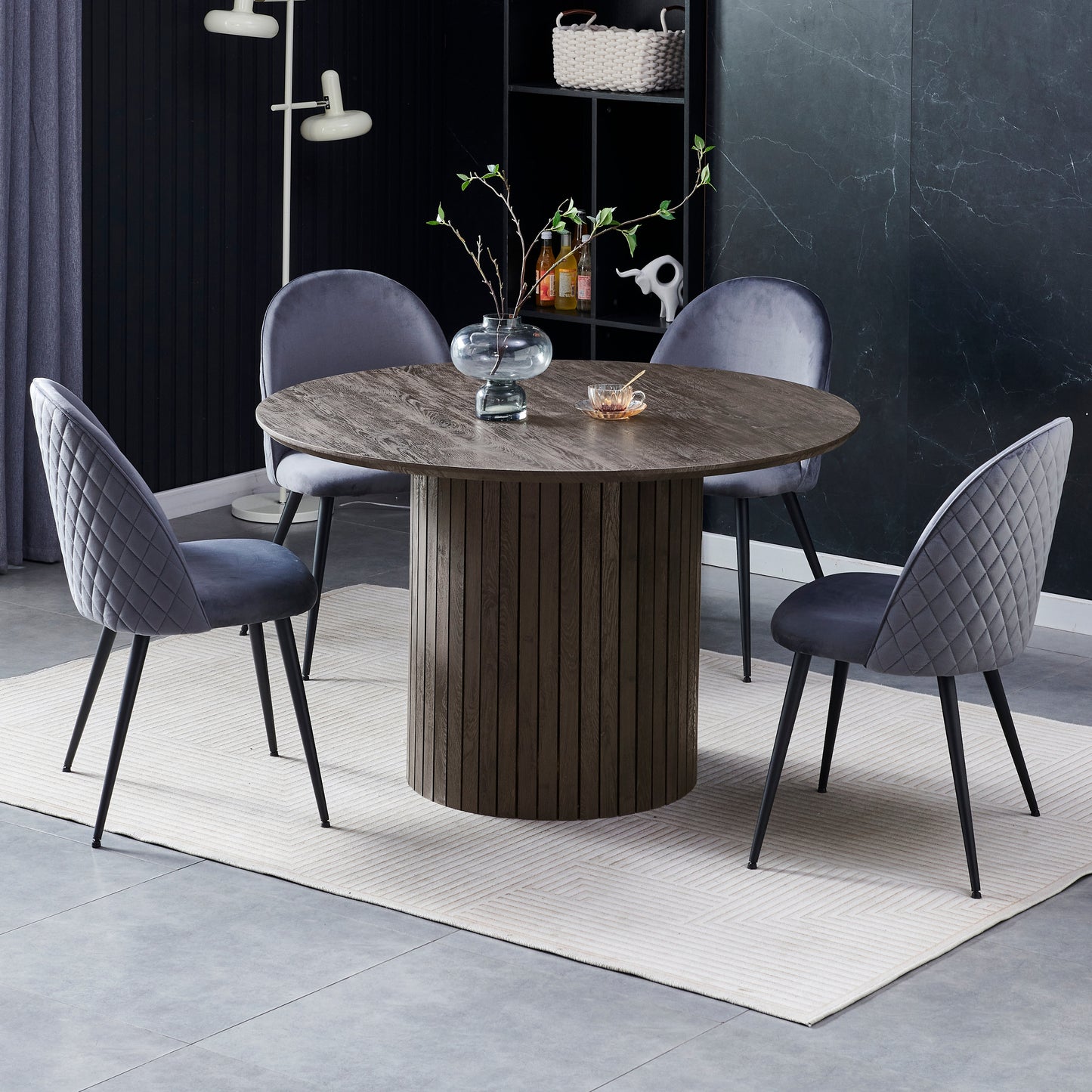 Milas ronde lamellen eettafel - Ø120 cm - Gerookt eikenhout met kolompoot