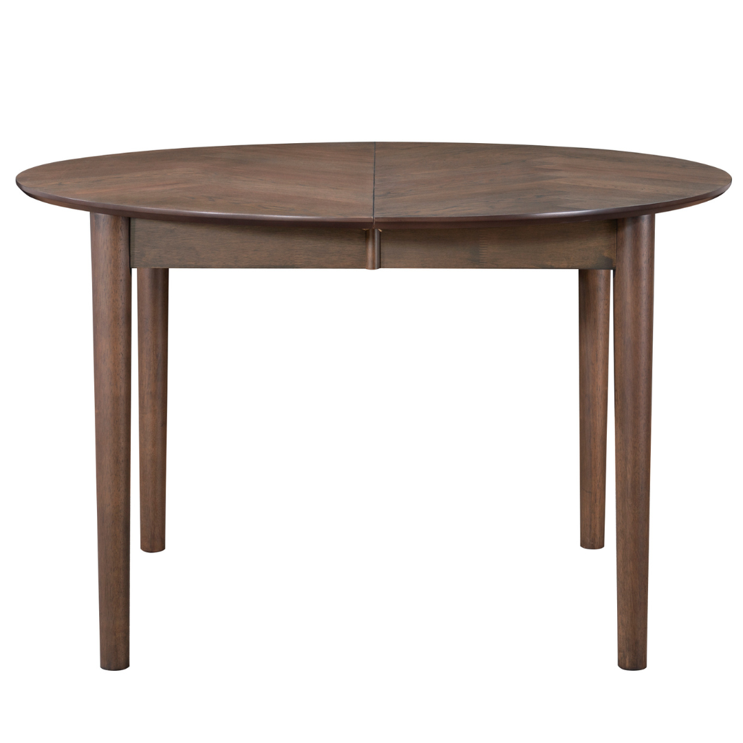 Maggie - Ronde eettafel met visgraatpatroon in gerookt eikenhout met uitschuifbaarheid 120/160/200 cm - Inclusief 2 Verlengbladen