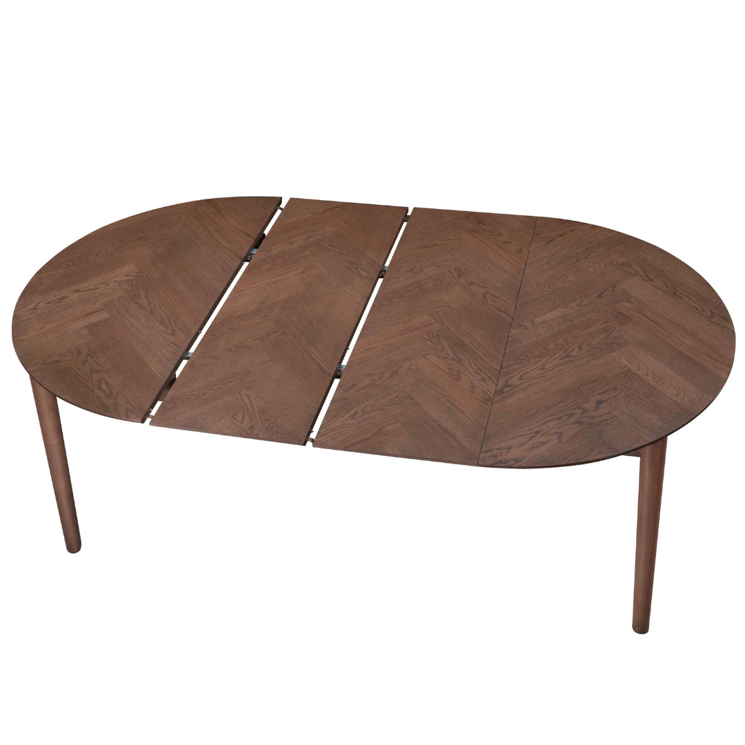 Maggie - Ronde eettafel met visgraatpatroon in gerookt eikenhout met uitschuifbaarheid 120/160/200 cm - Inclusief 2 Verlengbladen